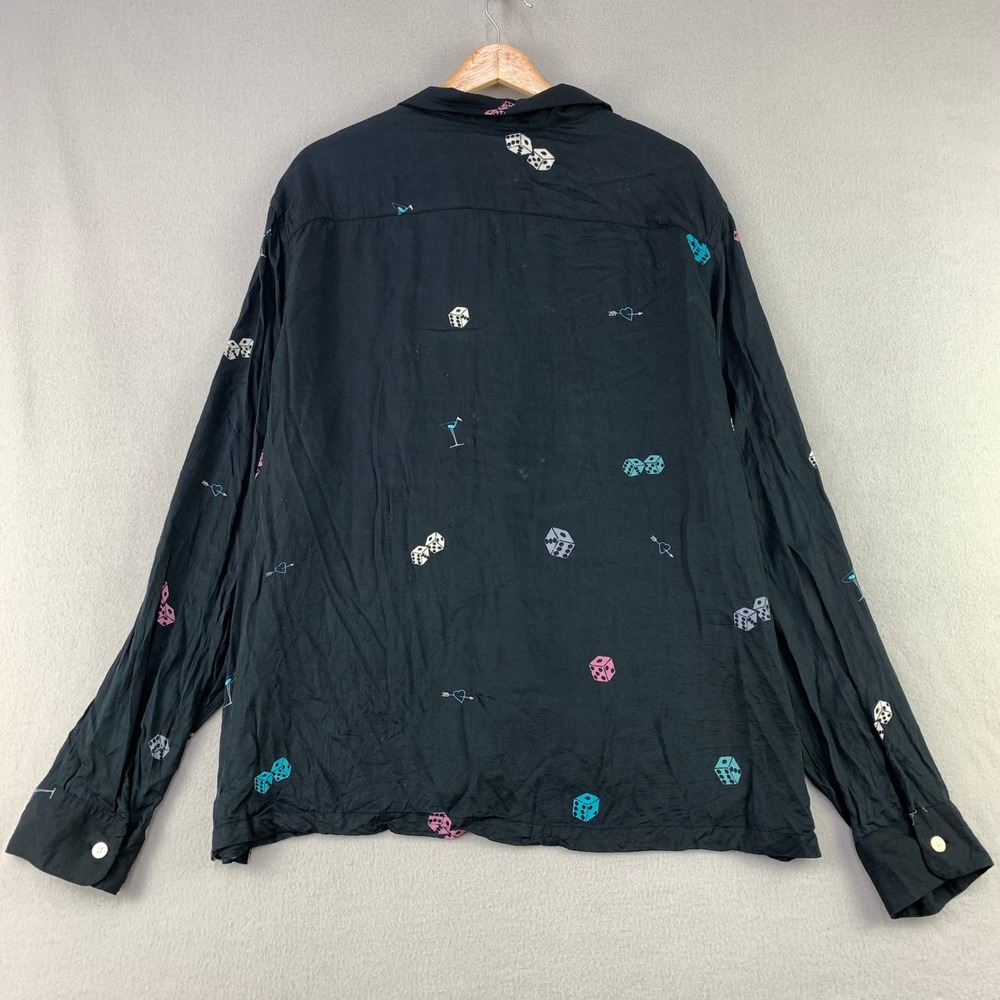 AllSaints Shirt Mens XXL Black Dice Print Long Sleeve Loop Collar Viscose Retro - Picture 3 of 10